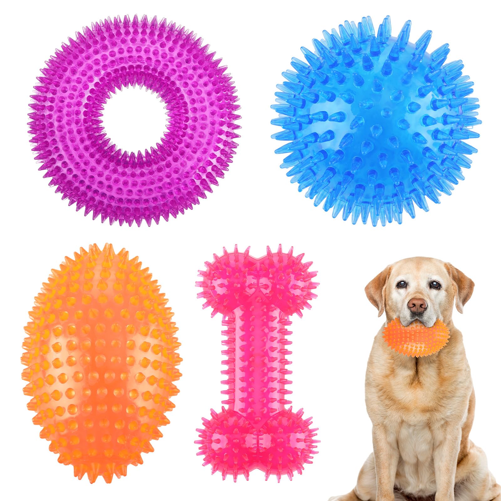 Silipull 4 Pcs 4.5'' Spiky Squeaker Football Dog Toy for Medium Large Dogs Spiky Dog Balls Puppy Chew Toys for Aggressive Chewers Spiky Ball Dog Toy Fetch Toys for Training (Fresh,Multicolored)