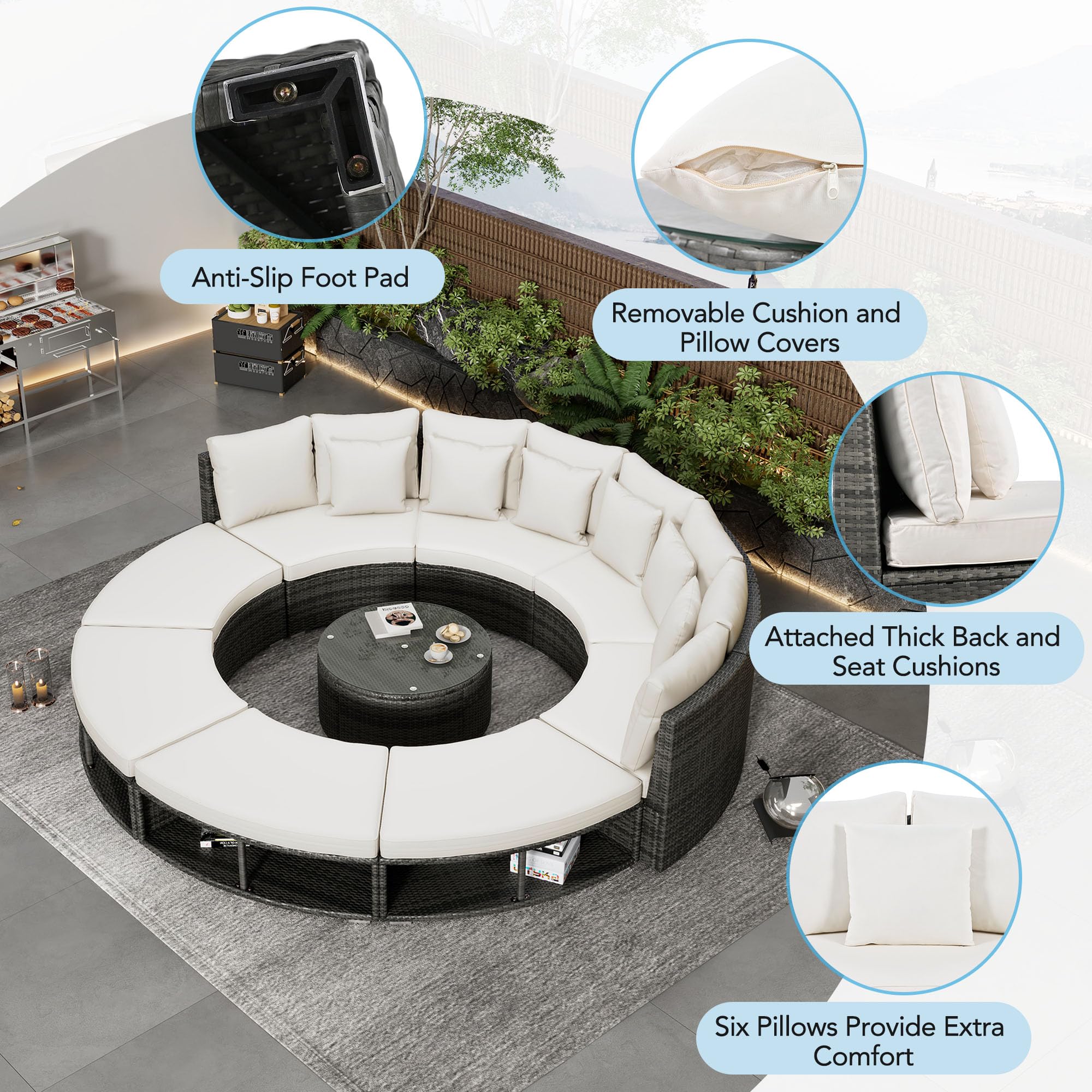 Merax Patio Furniture Set, 9-Piece Outdoor Patio Conversation Set Luxury Circular Outdoor Sofa Set Rattan Wicker Sectional Sofa Lounge Set with Tempered Glass Coffee Table, 6 Pillows, Beige