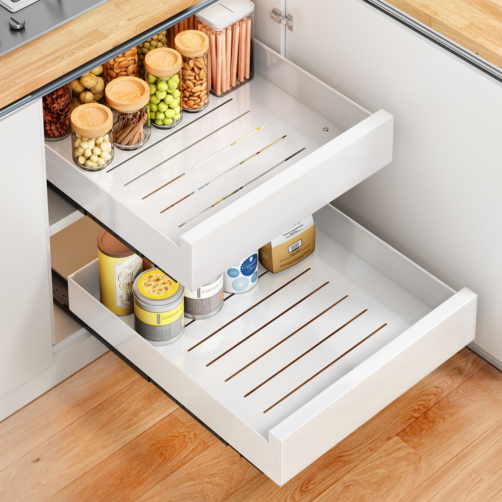 Pull out Cabinet Organizer, 1 Pack Slide out Drawers for Kitchen Cabinets, Sliding No Drill Shelves Fixed by Adhesive, Peel and Stick on Roll out Shelf Rack for Home Bathroom Pantry Base Organization