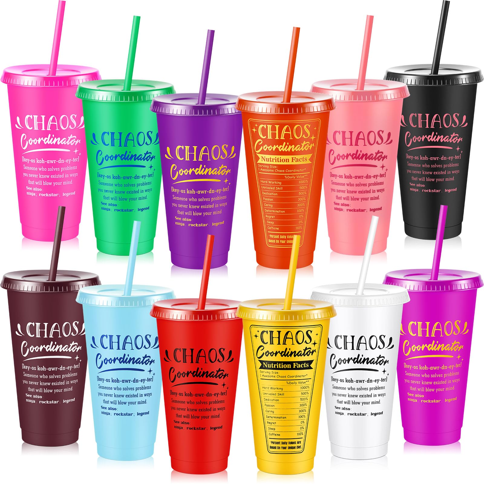 Uiifan 12 Pcs Chaos Coordinator Tumbler Gifts for Women 24oz Plastic Reusable Tumbler Bulk with Straw Lid Travel Cup Water Bottle Bulk Employee Appreciation Gift for Teacher Employee Nurse