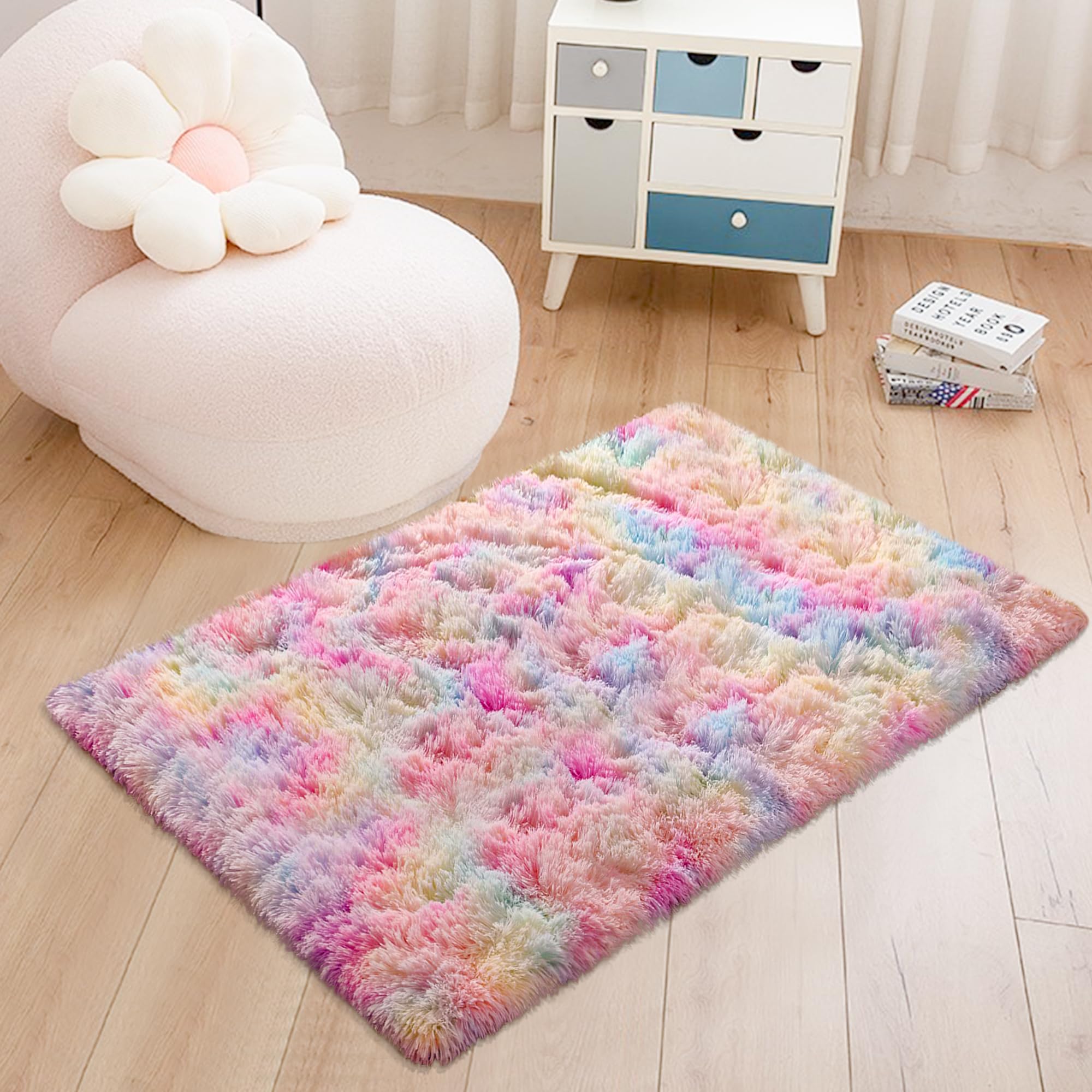 TENNOLA Shaggy Tie Dyed Light Rainbow Rug Small,2x3 ft Area Rugs for Living Room Door Entryway Indoor Inside Front Entrance Dog Mat Anti-Skid Extra Comfy Fluffy Floor Carpet for Home Decorative