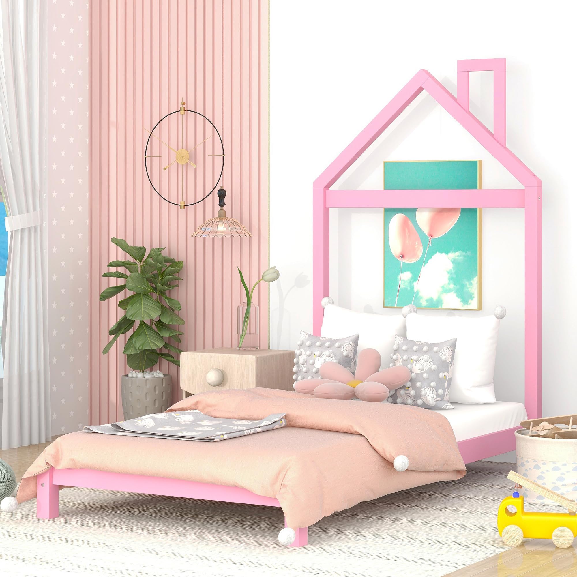 Twin Bed Frame/Kids Bed Frames with Headboard, Girls Bed Twin Size with House Shaped Headboard, Twin Size Bed for Kids, Twin Bed Frame Pink