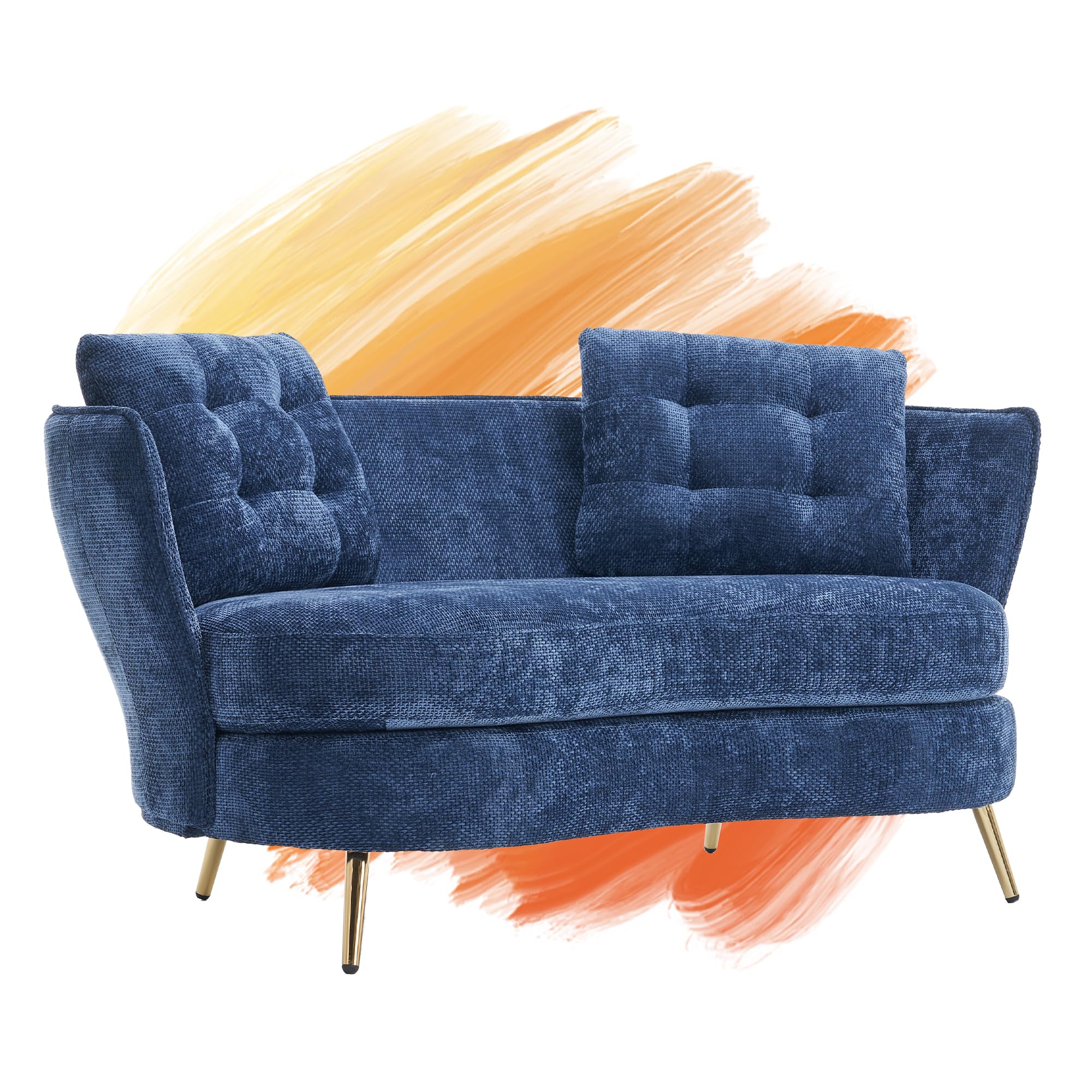 TXFTRR Velvet Loveseat, Upholstered Armless Sofa with Curved Backrest and 2 Pillows, Compact Couch and Loveseat with Golden Legs and Non-Slip Floor Pads, Unique Couch for Small Spaces (Blue)