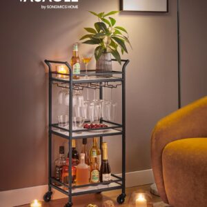 VASAGLE Bar Cart, Home Bar Serving Cart, Small Bar Cart with 3-Tier Shelf, Wine Holders, Glass Holders, Mini Bar Cart for Small Spaces, Kitchen, Dining Room, Living Room, Ink Black