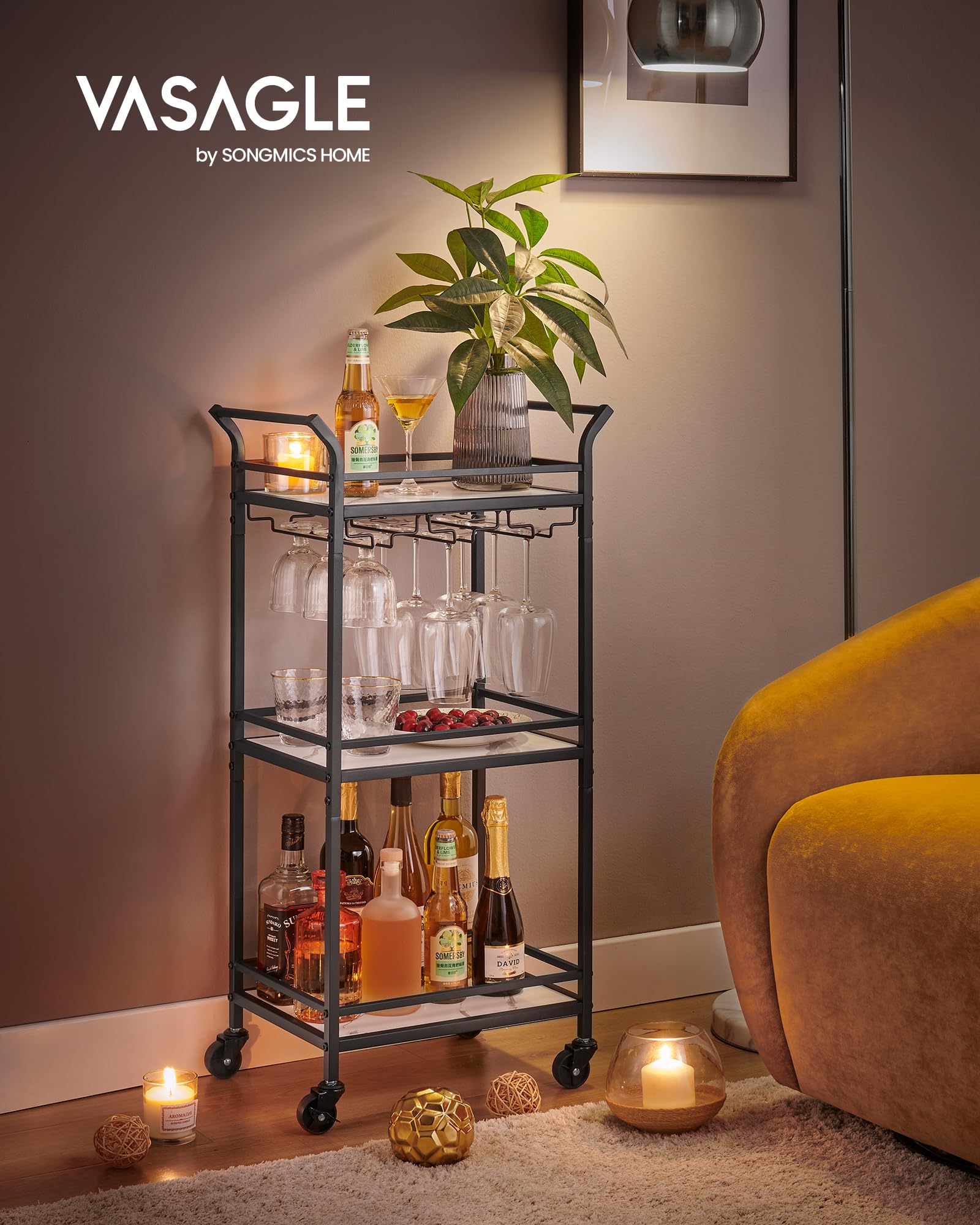 VASAGLE Bar Cart, Home Bar Serving Cart, Small Bar Cart with 3-Tier Shelf, Wine Holders, Glass Holders, Mini Bar Cart for Small Spaces, Kitchen, Dining Room, Living Room, Ink Black