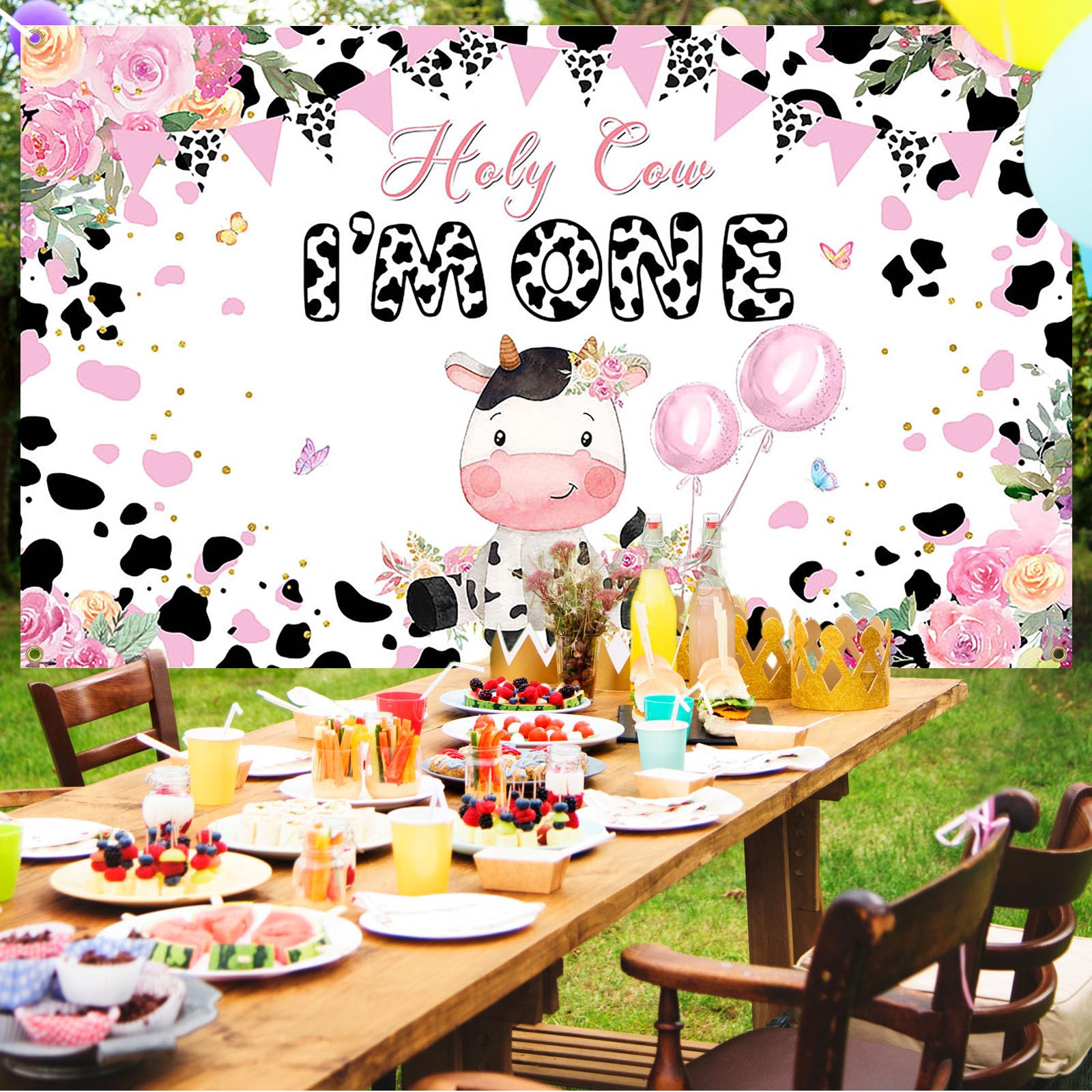 Avezano Holy Cow I'm One 1st Birthday Backdrop for Girls Pink Pink Flower Milk Cows 1st Birthday Party Decorations Holy Cow I'm One Banner Large 70.8 x 43.3 Inch