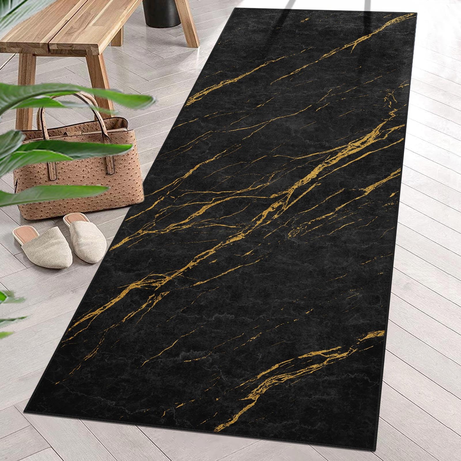 ArtSocket Area Rug Marble Black Gold Runner Rug Yellow Stone Rock Floor Rug 2' x 6' Entry Rug Non-Slip Washable Indoor Door Mat Carpet Throw Rug for Bedroom Kitchen Entryway Laundry Living Home Decor