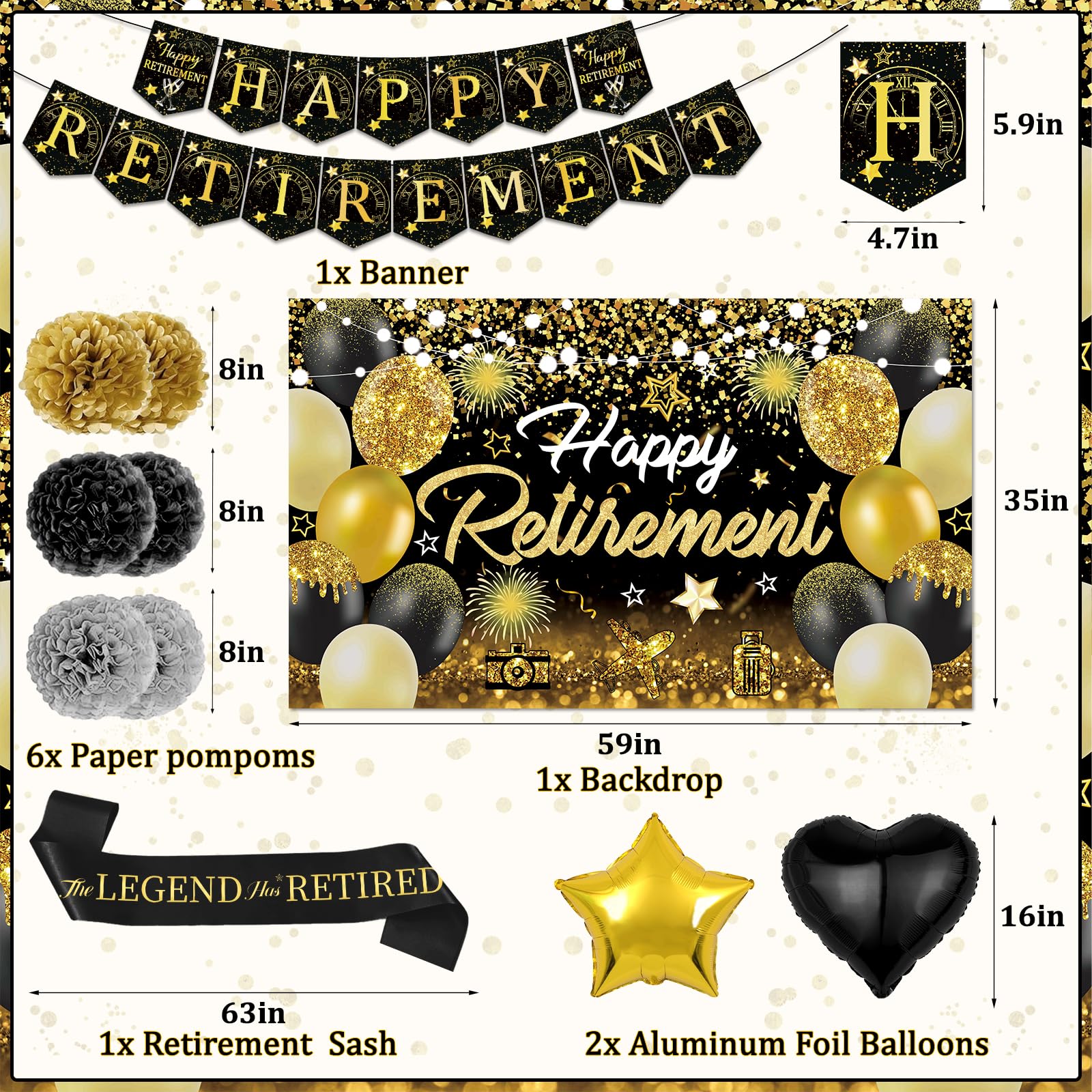 Happy Retirement Party Decorations for Men Women Black and Gold Retirement Party Decorations Happy Retirement Banner Backdrop Card Retirement Sash Hanging Swirls Foil Balloons Honeycomb Centerpieces