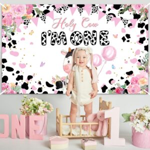 Avezano Holy Cow I'm One 1st Birthday Backdrop for Girls Pink Pink Flower Milk Cows 1st Birthday Party Decorations Holy Cow I'm One Banner Large 70.8 x 43.3 Inch