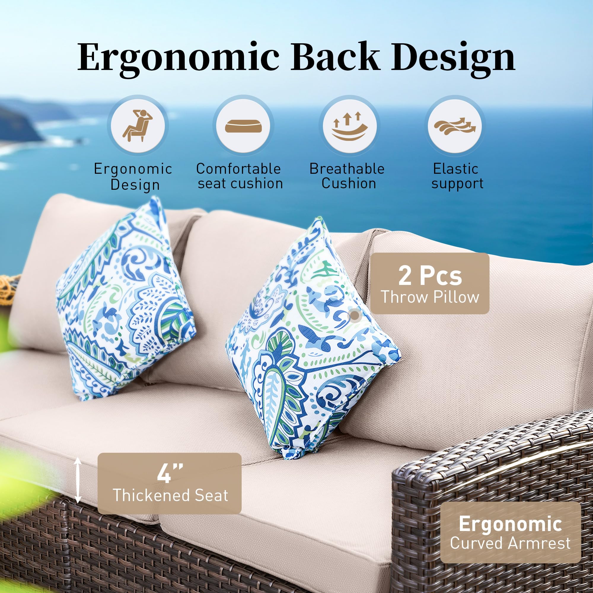 SUNSHINE VALLEY Patio Furniture Set Outdoor Furniture Brown Wicker Rattan Patio Conversation Sets with Cushion Outside Sofa Set,5 Pieces 7 Seats,Beige