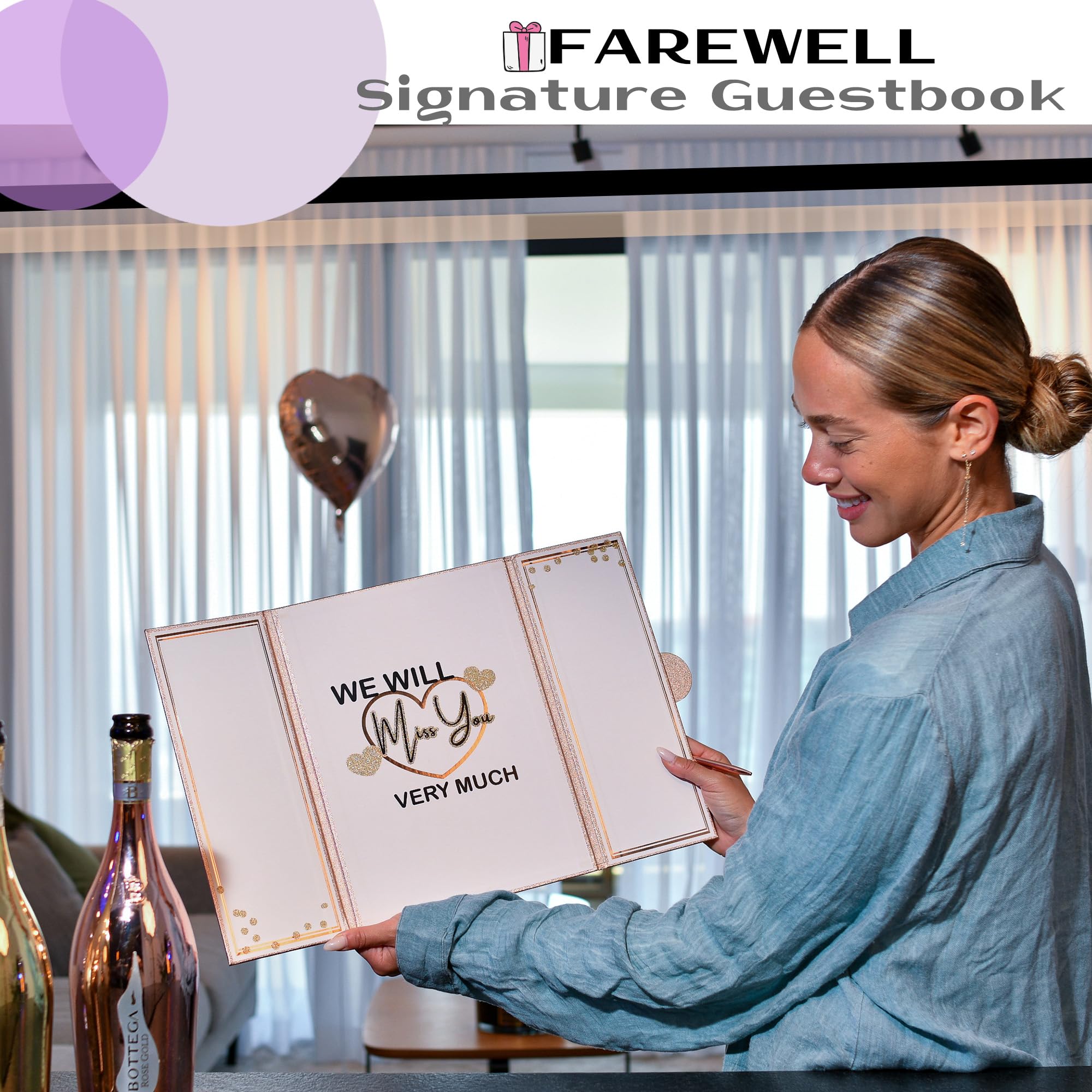 Farewell Party Decorations Guest Book Rose Gold 18"x12" for Women - Unique Goodbye & Going Away Coworker Gift Card - We'll Miss You Signature Board Retirement Party Decorations Gifts for Colleagues