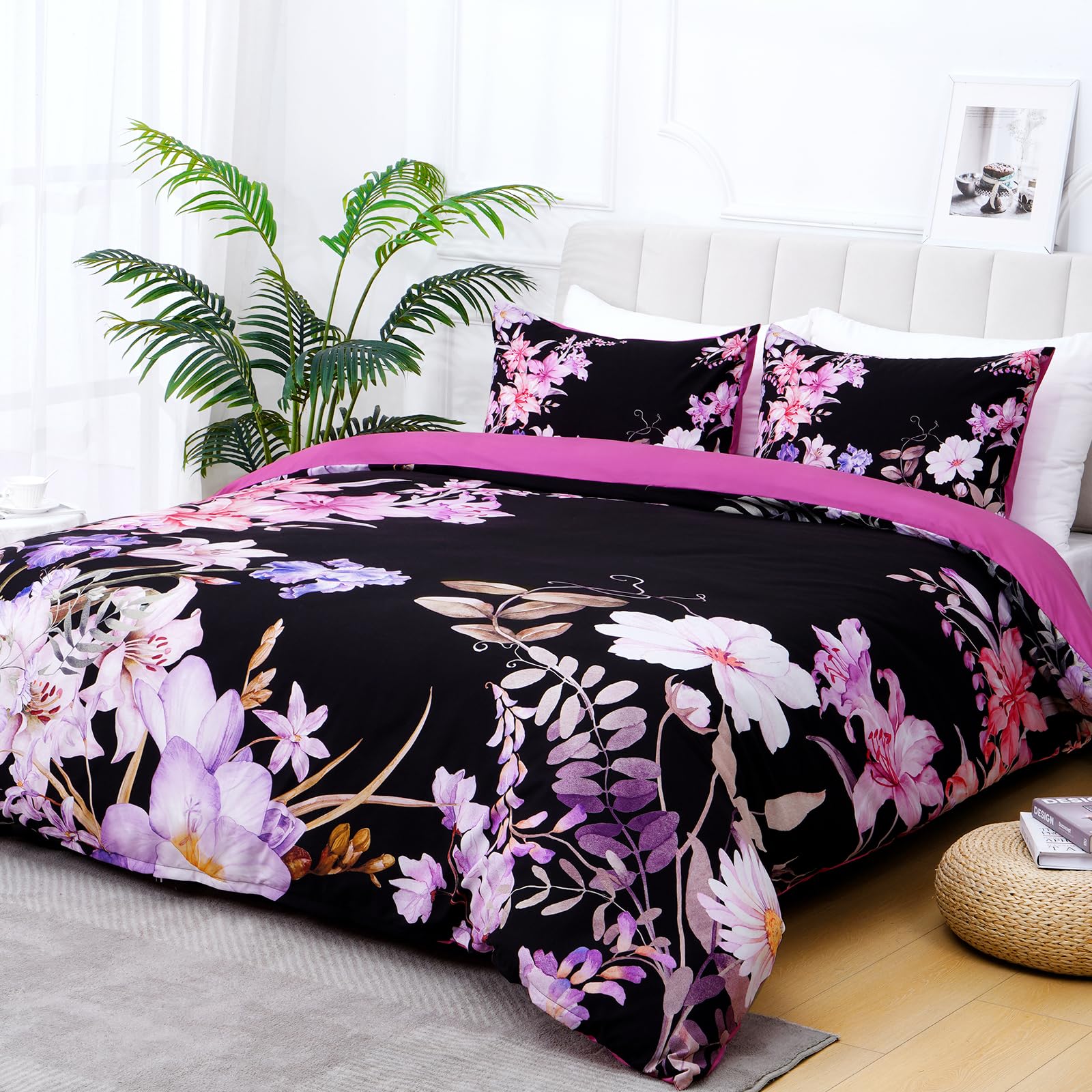 ASPMIZ 3 Piece Floral Duvet Cover Queen Set - Soft Double Brushed Boho Flower Queen Duvet Cover with Zipper Closure, Purple Comforter Cover Set, 1 Duvet Cover 90 x 90 inches and 2 Pillow Shams, Black