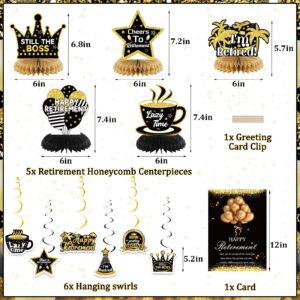 Happy Retirement Party Decorations for Men Women Black and Gold Retirement Party Decorations Happy Retirement Banner Backdrop Card Retirement Sash Hanging Swirls Foil Balloons Honeycomb Centerpieces