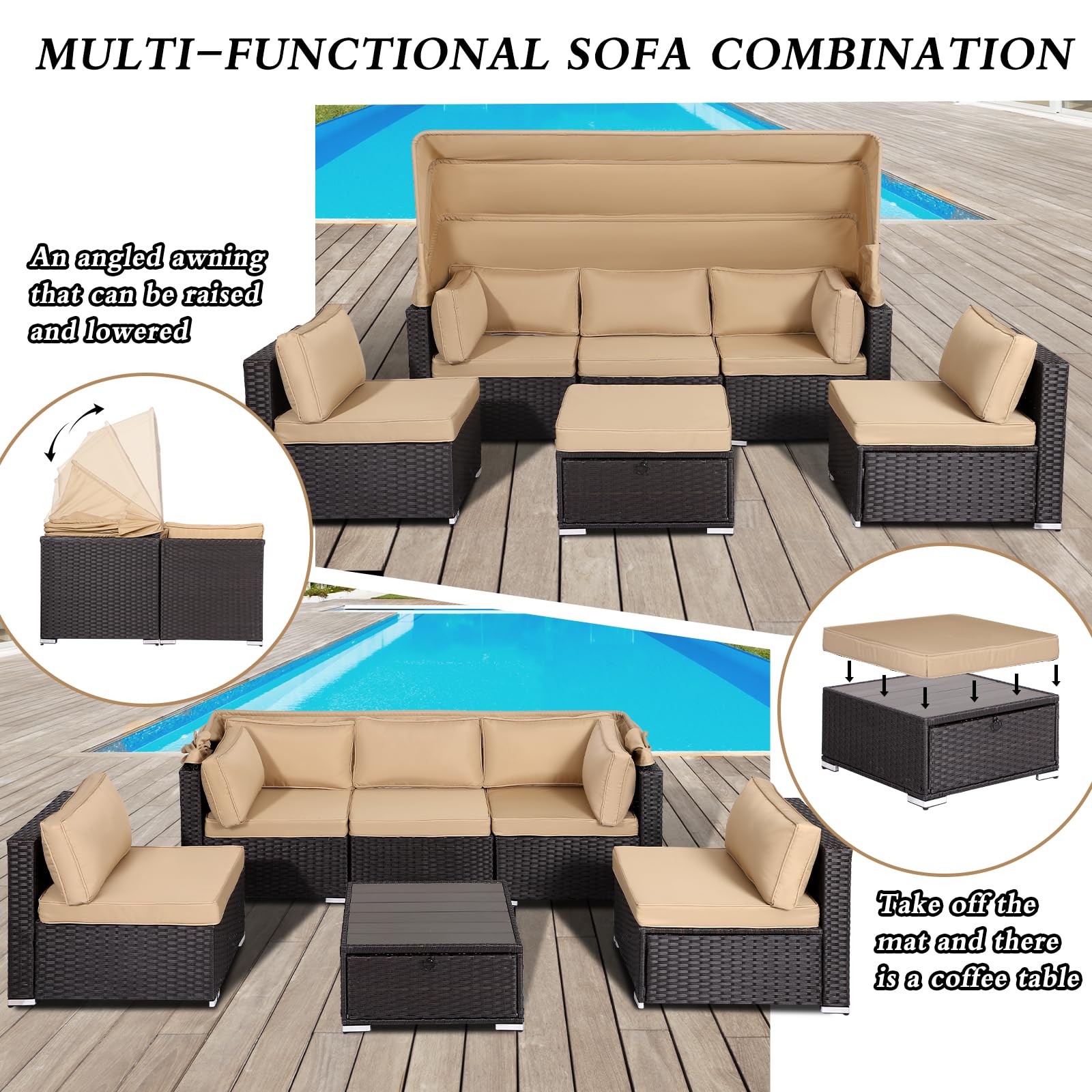 Grepatio 6 Pieces Patio Furniture Set Outdoor Daybed with Canopy Rattan Wicker Sectional Sofa Set with Adjustable Backrest Patio Day Bed Conversation Set with Cushions and Storage Table (Khaki)