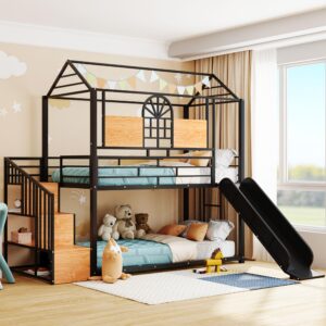 twin over twin bunk bed with slide, house floor bunk bed with storage stairs and shelves, twin bunk beds for kids, girls, boys, black bunk bed twin size