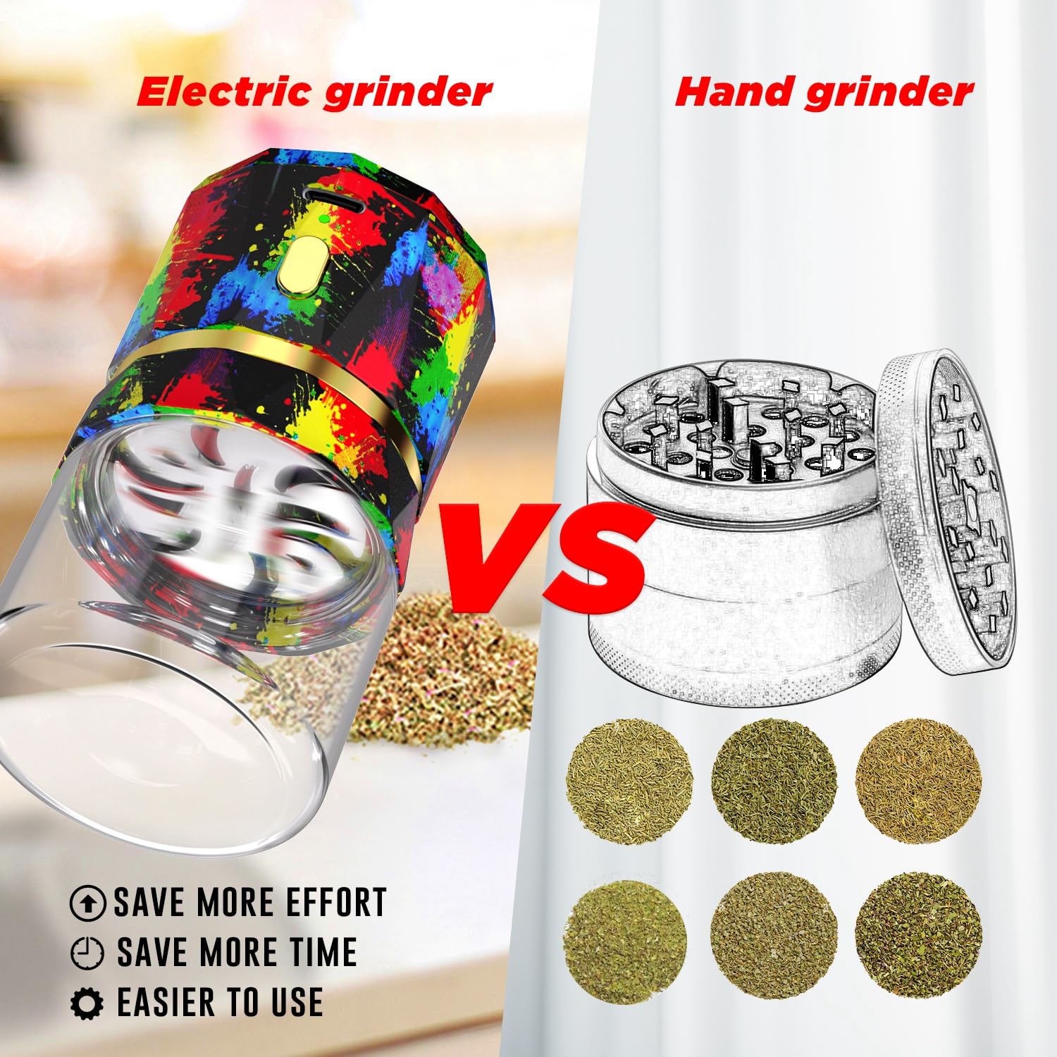 Electric Herb Grinder Portable Mini Spice Crusher Grinders with 2PCS 1.7oz/50ml Glass Jar Herb Chamber USB Rechargeable Automatic Herbal Grinder