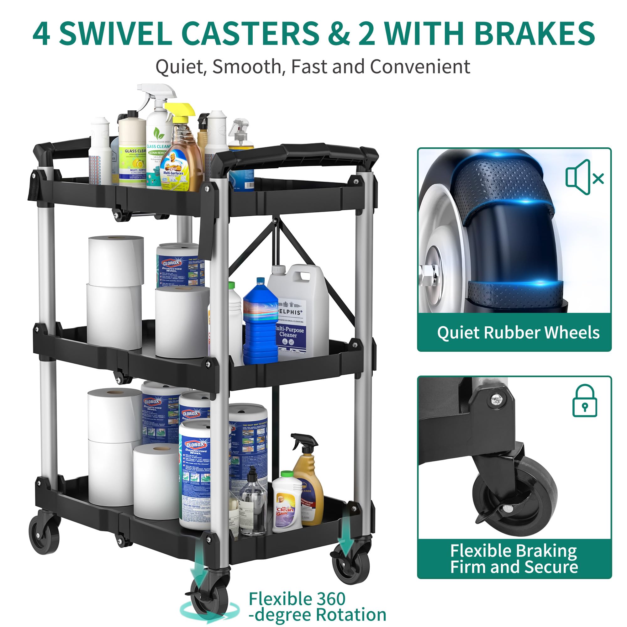 YITAHOME Folding Utility Service Cart, 240LBS 3 Tier Foldable Cart with Wheels Collapsible Cart on Wheels with 360°Swivel Wheels (2 with Brakes), Portable Cart for Home Garage Restaurant Office