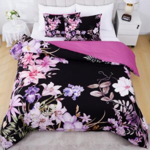 ASPMIZ 3 Piece Floral Duvet Cover Queen Set - Soft Double Brushed Boho Flower Queen Duvet Cover with Zipper Closure, Purple Comforter Cover Set, 1 Duvet Cover 90 x 90 inches and 2 Pillow Shams, Black