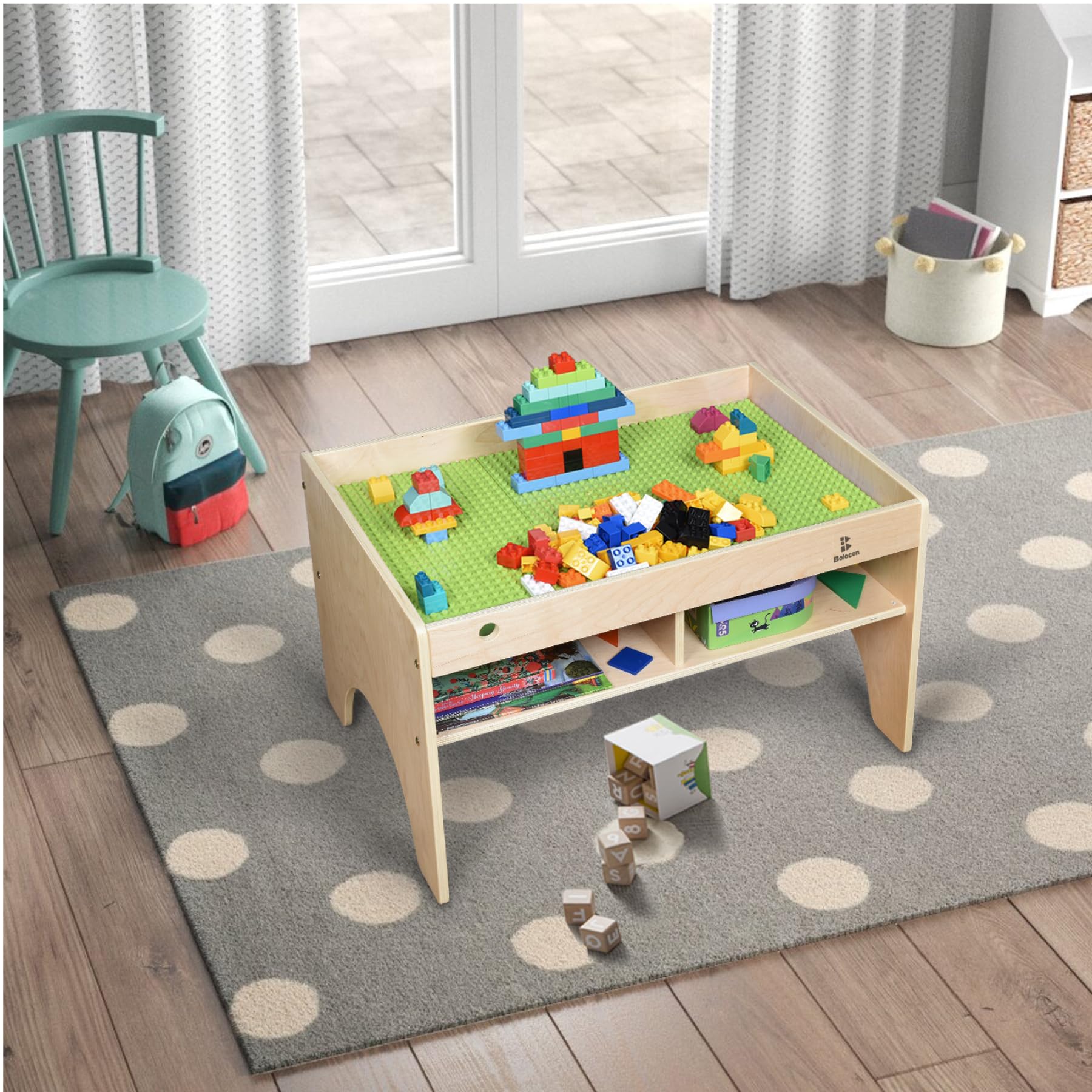 Bolocon Kids 3-in-1 Wooden Art & Activity Table Playset Furniture with 4 Compartments for Storage, Play Table Compatible with Blocks&Bricks and Train Set for Preschool Toddler Boy & Girl (STD.)