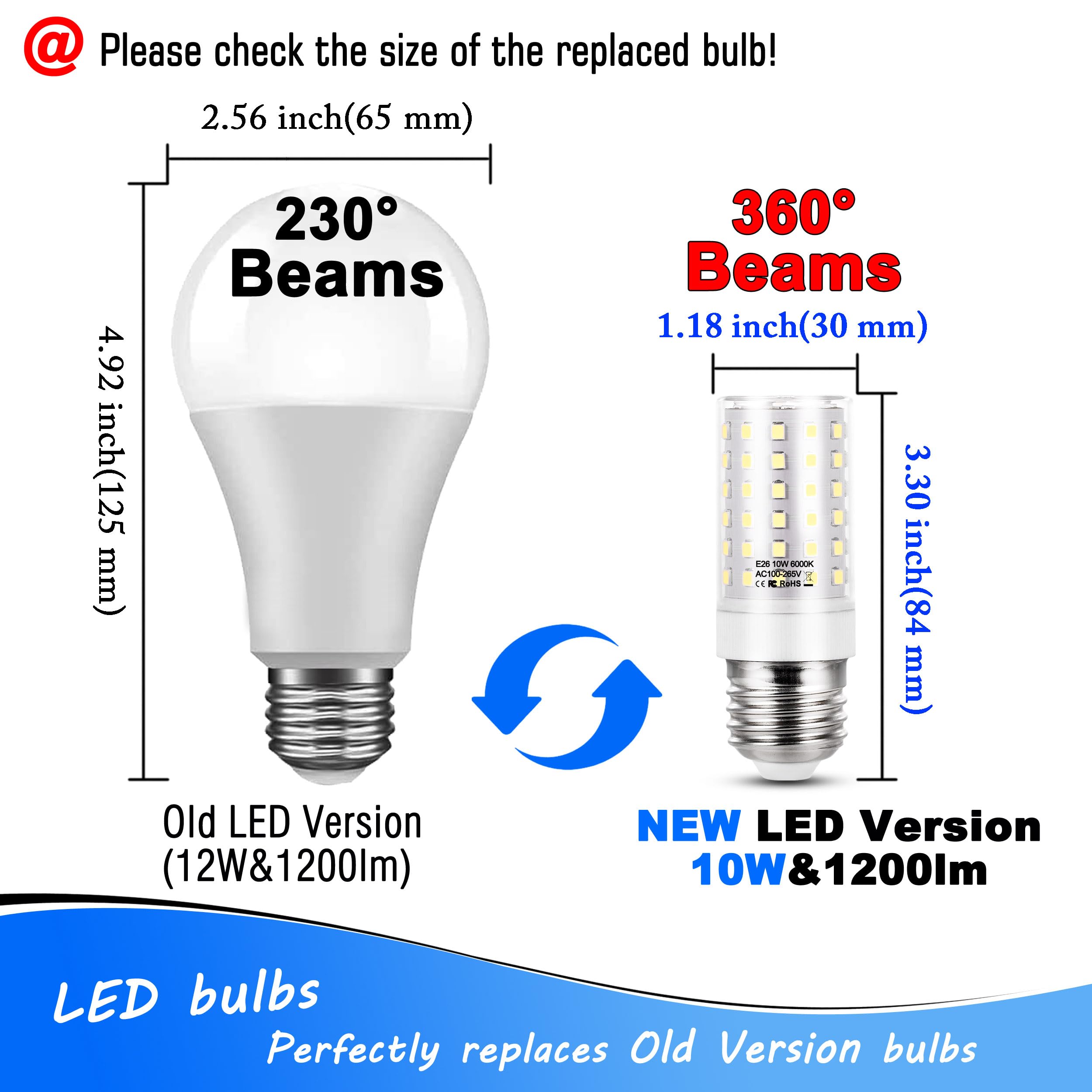 E26 LED Candelabra Light Bulb 10W Equivalent 100W 6000K Daylight White 1200lm E26 Edison Base LED Corn Bulbs for Refrigerator Chandelier Pendant Ceiling Fan Lighting Wall Sconces, Non-dimmable, 2 Pack