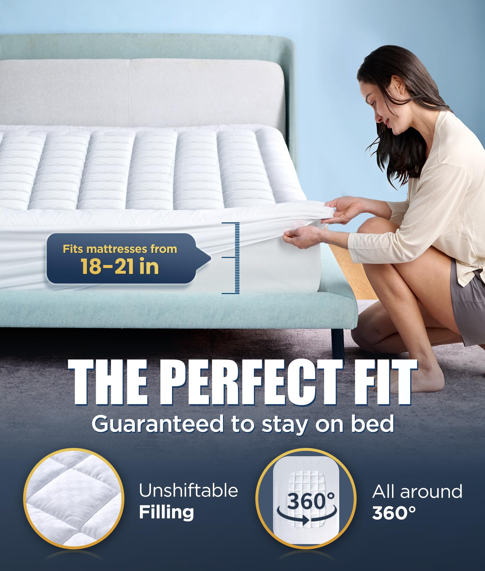 Novted Memory Foam Mattress Pad Queen for Pressure Relief, Strong-Support & Ultra-Cozy Mattress Topper, Breathable Soft Microfiber Protector, Noiseless Bed Cover Vinyl Free, 8-21'' Deep Pocket