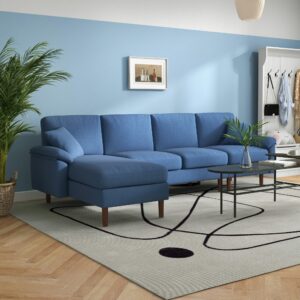 HOMCOM Fabric Sectional Couch with Reversible Sleeper Sofa, Modern L Shaped Sectional Sofa with Pillows, Wooden Legs for Living Room, Apartment and Office, Blue