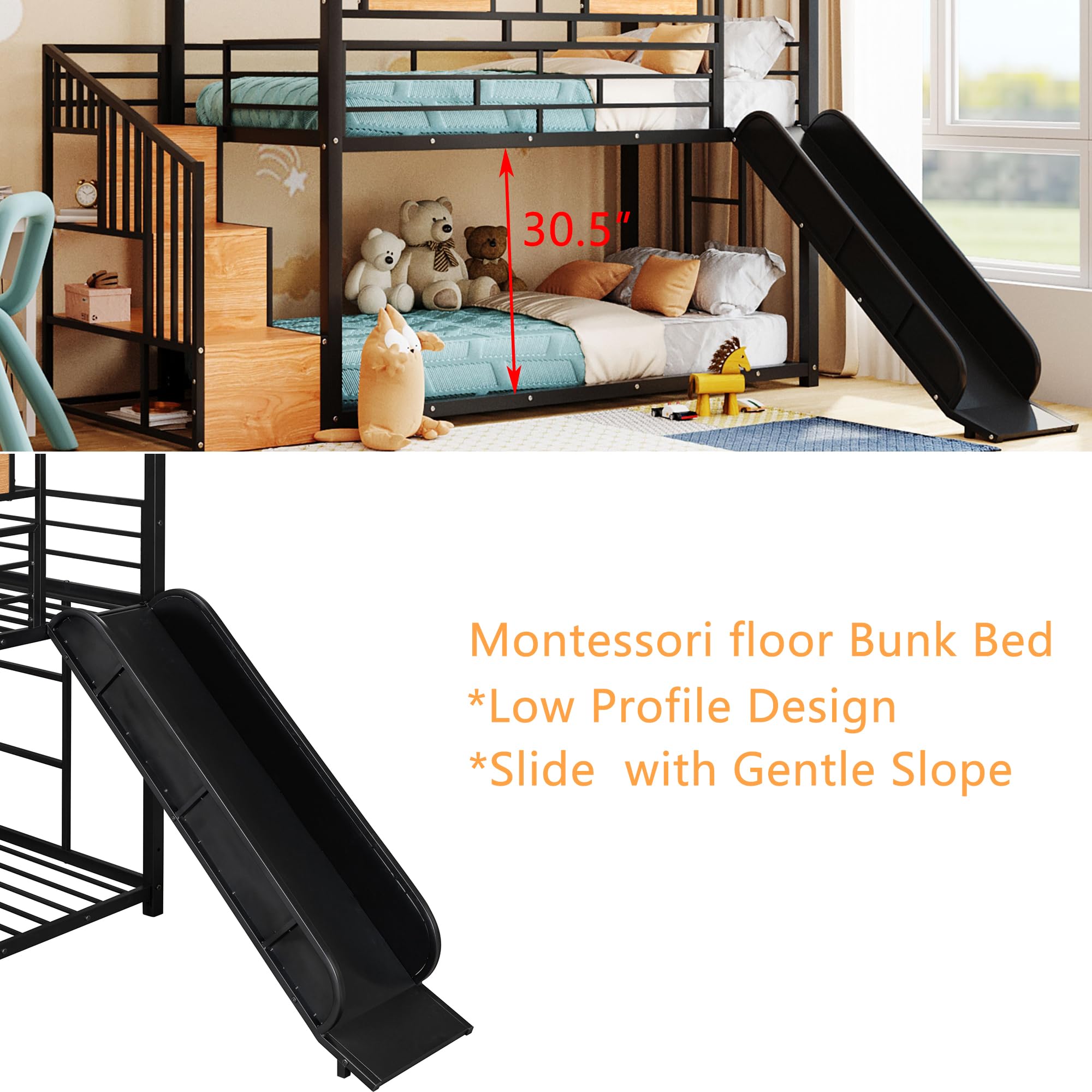 Twin Over Twin Bunk Bed with Slide, House Floor Bunk Bed with Storage Stairs and Shelves, Twin Bunk Beds for Kids, Girls, Boys, Black Bunk Bed Twin Size