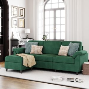 Vongrasig 79" Convertible Sectional Sofa Couch, 3 Seat L Shaped Sofa with Removable Pillows Linen Fabric Small Couch Mid Century for Living Room, Apartment and Office, Green