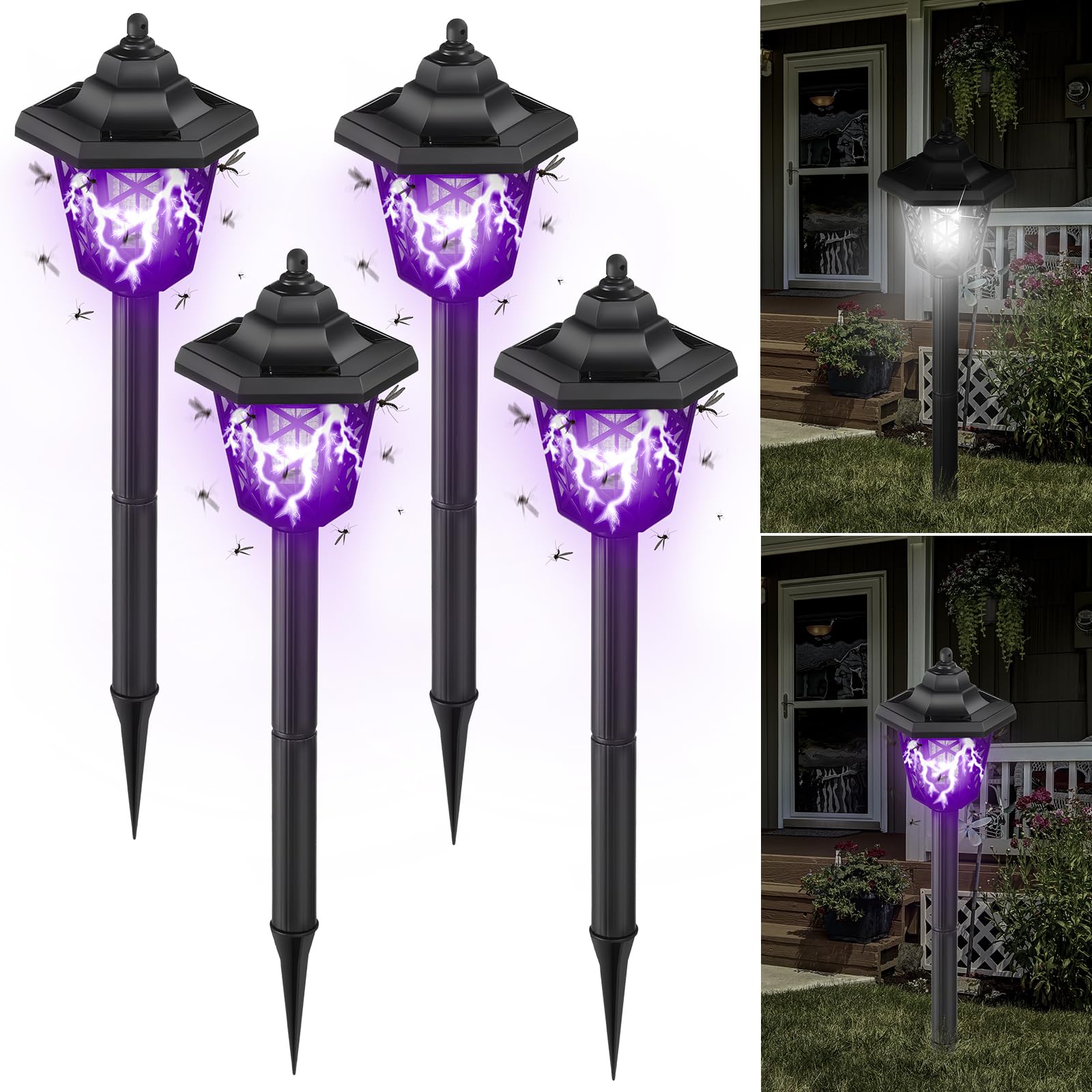 Qualirey 4 Pcs Solar Bug Zapper Outdoor Mosquito Repellent Mosquito Killer Lamp 2 in 1 LED Waterproof Mosquito Zapper for Home Backyard Patio Garden Lawn Pathway Camping