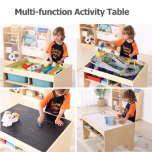 Bolocon Kids 3-in-1 Wooden Art & Activity Table Playset Furniture with 4 Compartments for Storage, Play Table Compatible with Blocks&Bricks and Train Set for Preschool Toddler Boy & Girl (STD.)