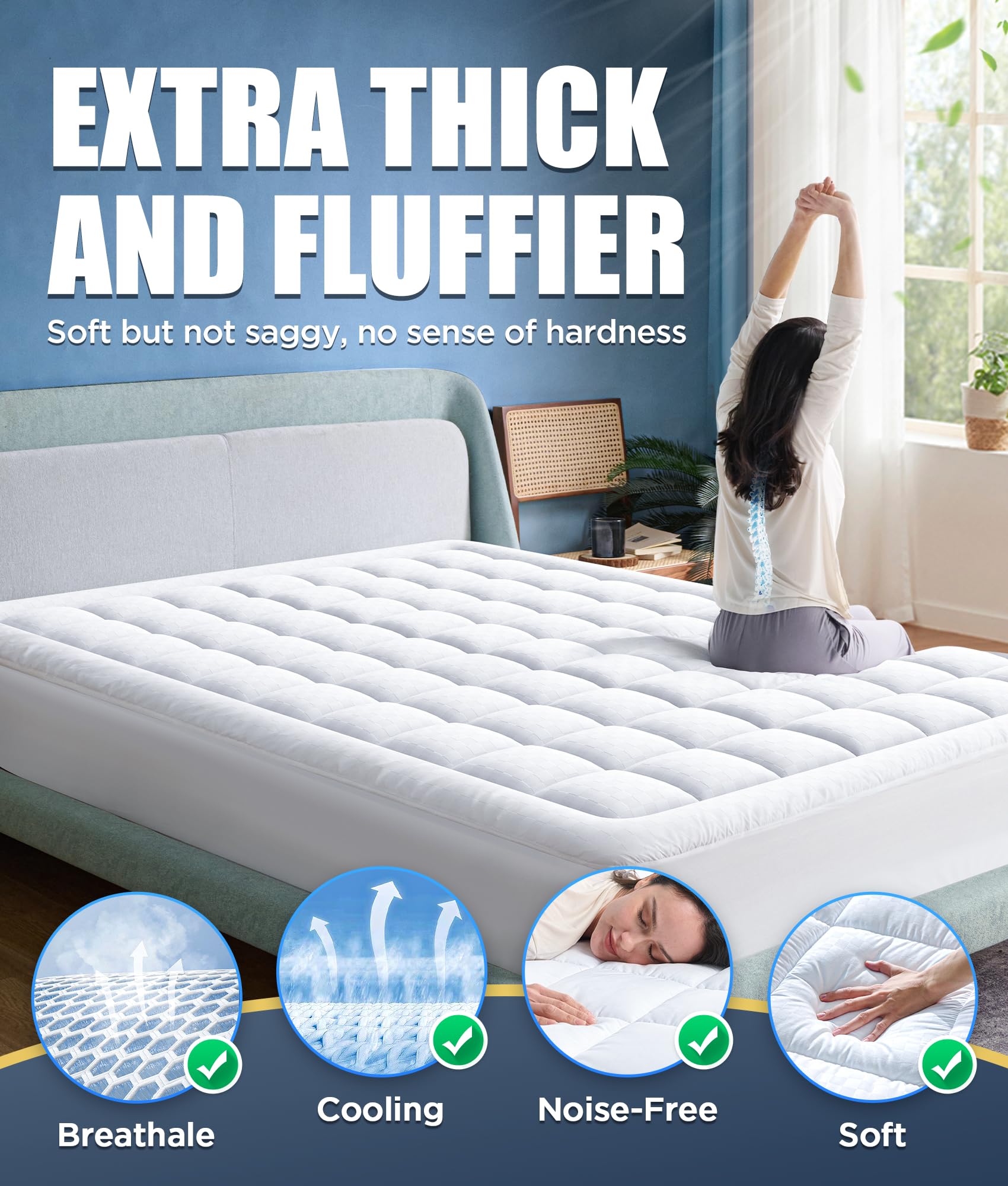 Novted Memory Foam Mattress Pad Queen for Pressure Relief, Strong-Support & Ultra-Cozy Mattress Topper, Breathable Soft Microfiber Protector, Noiseless Bed Cover Vinyl Free, 8-21'' Deep Pocket