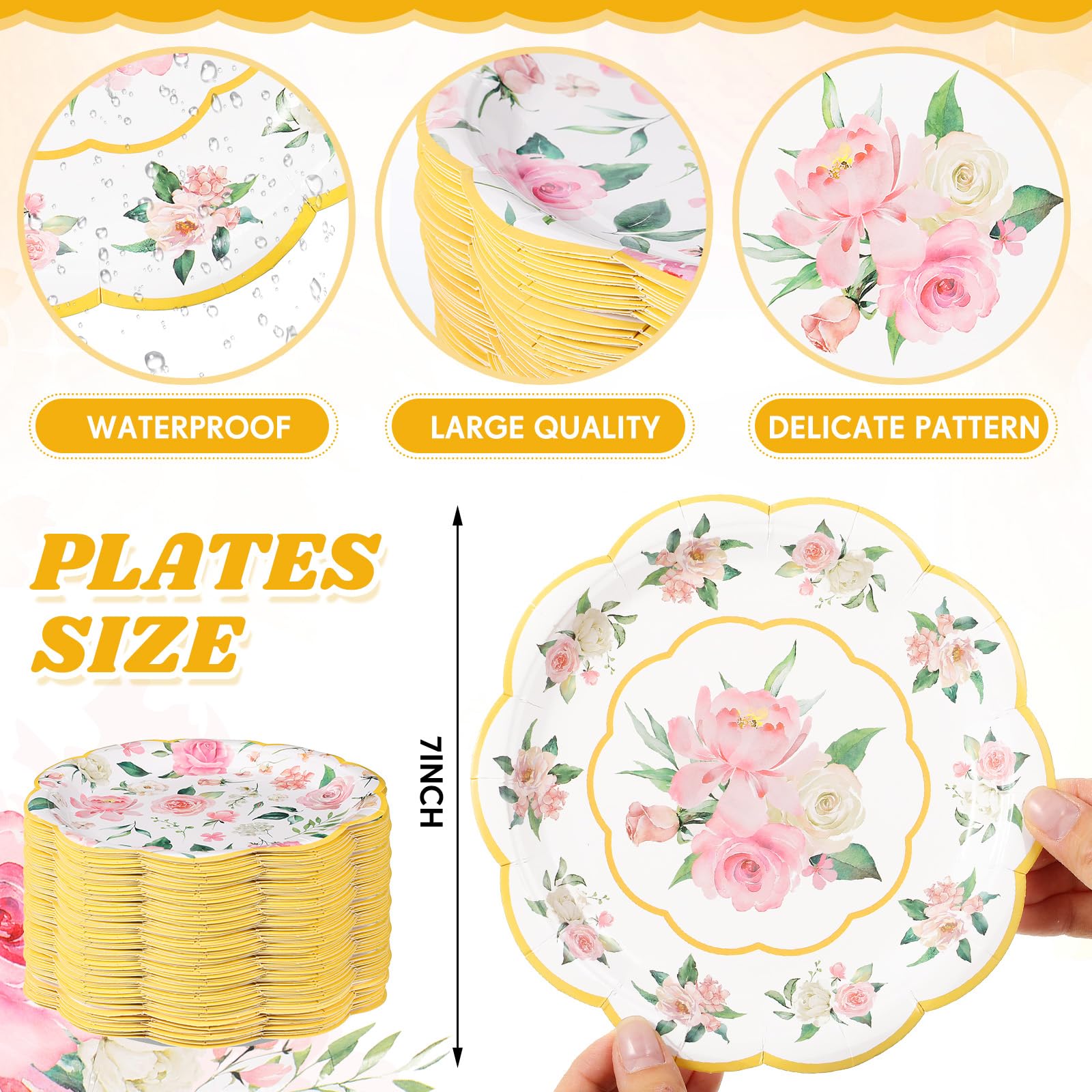 Pickmesh 60 Pcs Floral Paper Plates 7 Inches Floral Party Plates Pink Floral Disposable Dinner Plates Gold Foil Edge Paper Plate Tea Party Decoration for Baby Shower Bridal Shower Birthday Wedding