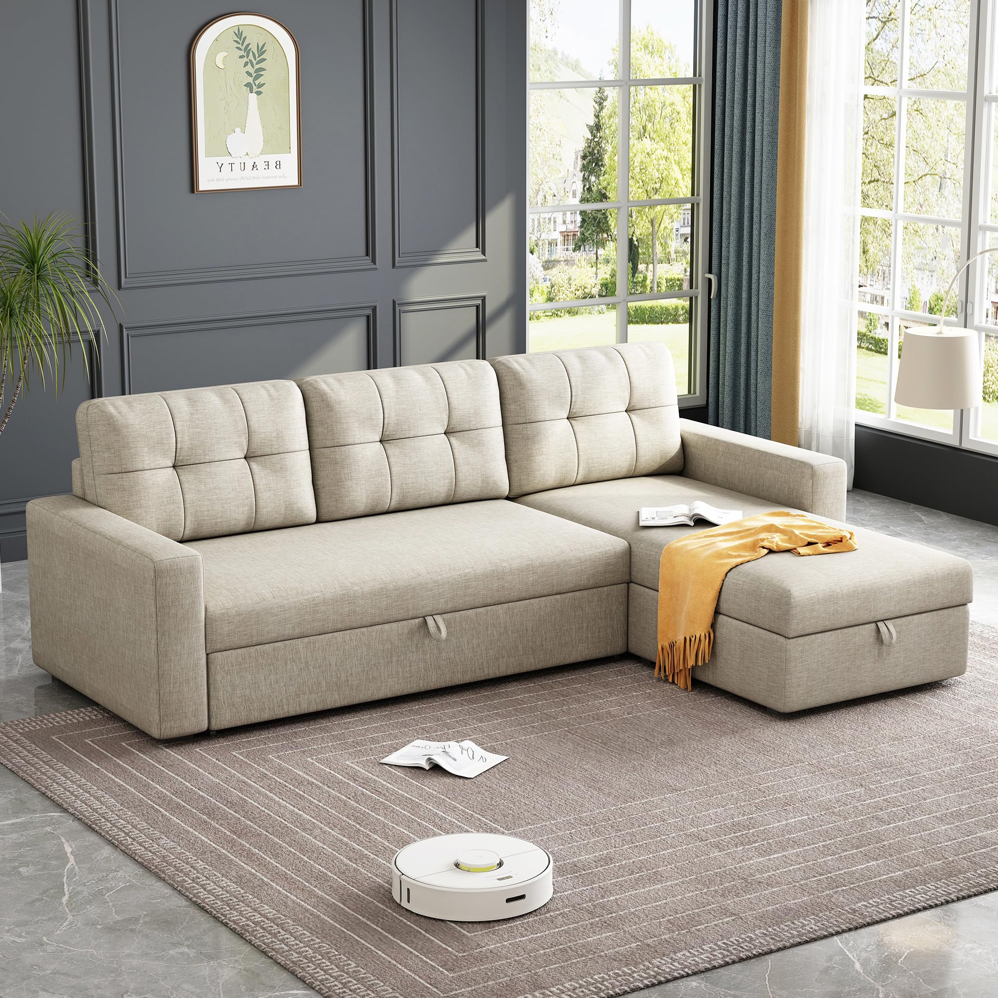 Ball & Cast 81.5" Convertible Sectional Sleeper Sofa, L-Shaped Upholstered Pull Out Couch Bed with Storage Recliner & Removable Back Cushions, Beige