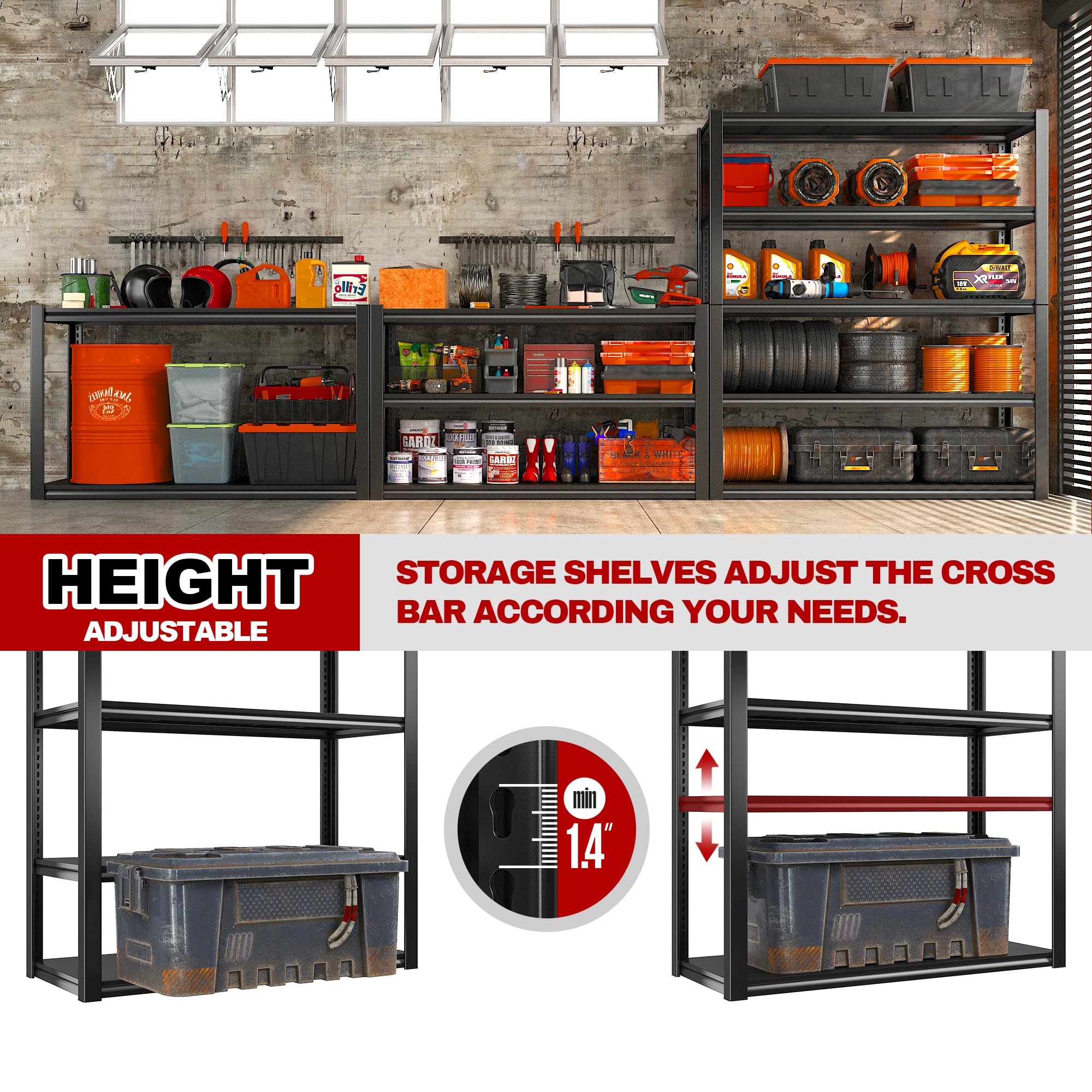 REIBII 48''W Garage Shelving 2500LBS Storage Shelves Heavy Duty Garage Shelves 5 Tier Adjustable Metal Shelves for Garage Storage Rack Heavy Duty Shelving Industrial Utility Shelf,48''W X 72''H X18''D