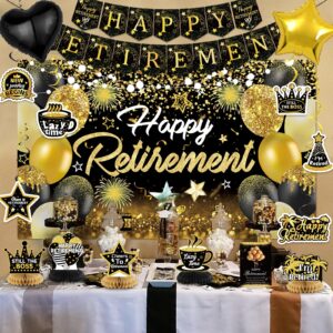 Happy Retirement Party Decorations for Men Women Black and Gold Retirement Party Decorations Happy Retirement Banner Backdrop Card Retirement Sash Hanging Swirls Foil Balloons Honeycomb Centerpieces