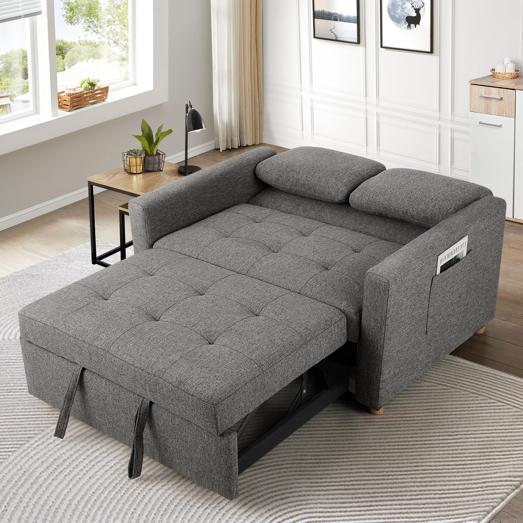 SEJOV Sleeper Sofa Bed, 3-in-1 Convertible Sofa Chair, Linen Fabric Pull Out Couch Bed, Loveseat Sleeper with Spring Support, Adjustable Backrest, 2 Seater Recliner Chair for Small Space, Dark Grey