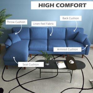 HOMCOM Fabric Sectional Couch with Reversible Sleeper Sofa, Modern L Shaped Sectional Sofa with Pillows, Wooden Legs for Living Room, Apartment and Office, Blue