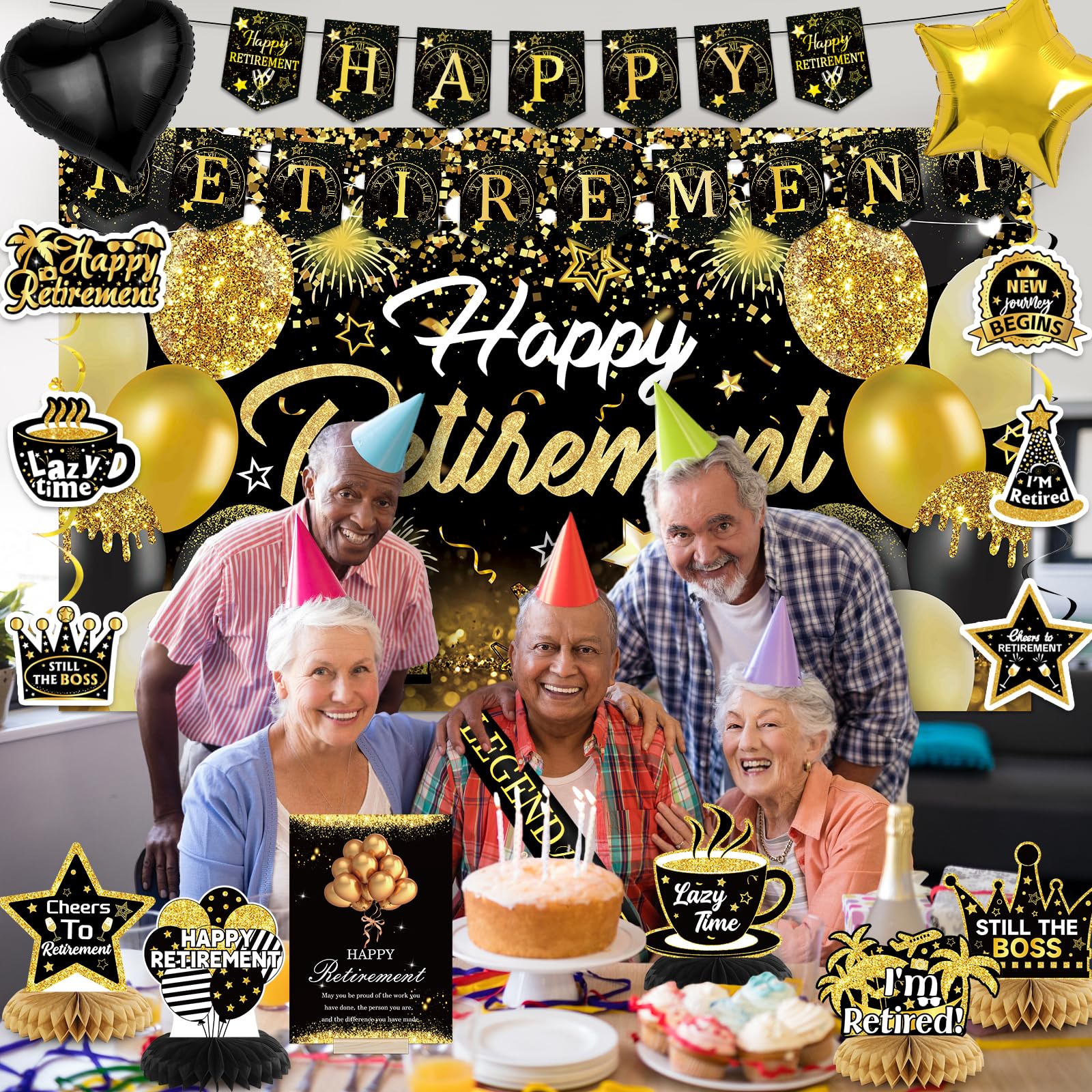 Happy Retirement Party Decorations for Men Women Black and Gold Retirement Party Decorations Happy Retirement Banner Backdrop Card Retirement Sash Hanging Swirls Foil Balloons Honeycomb Centerpieces