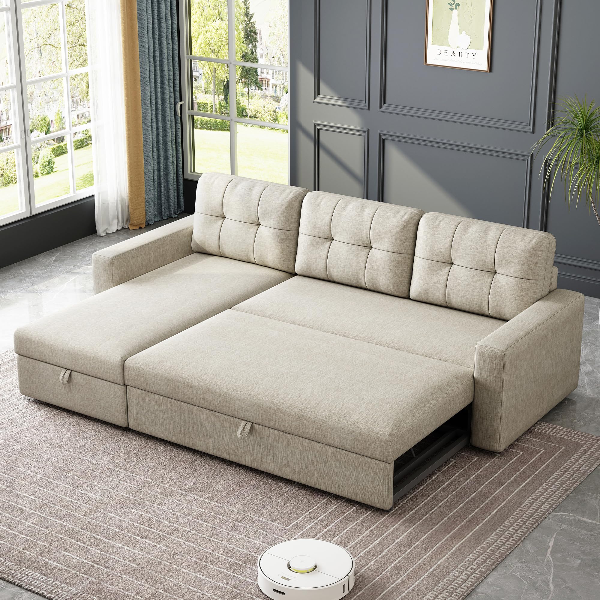 Ball & Cast 81.5" Convertible Sectional Sleeper Sofa, L-Shaped Upholstered Pull Out Couch Bed with Storage Recliner & Removable Back Cushions, Beige