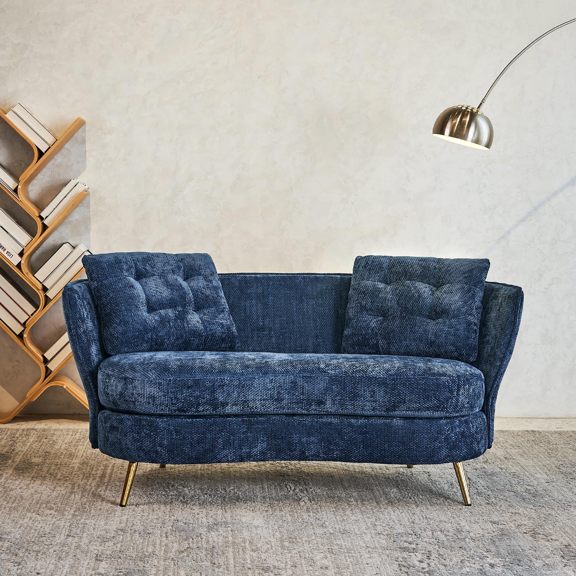 TXFTRR Velvet Loveseat, Upholstered Armless Sofa with Curved Backrest and 2 Pillows, Compact Couch and Loveseat with Golden Legs and Non-Slip Floor Pads, Unique Couch for Small Spaces (Blue)