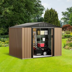 ShiningLove Metal Garden Shed, 8FT x 6FT Outdoor Storage Shed, Outdoor Metal Utility Tool Storage Shed with Door Lock, Waterproof Roofs, for Backyard Garden Patio Lawn, Brown