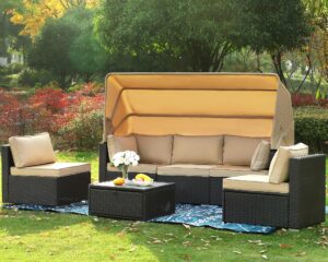 grepatio 6 pieces patio furniture set outdoor daybed with canopy rattan wicker sectional sofa set with adjustable backrest patio day bed conversation set with cushions and storage table (khaki)