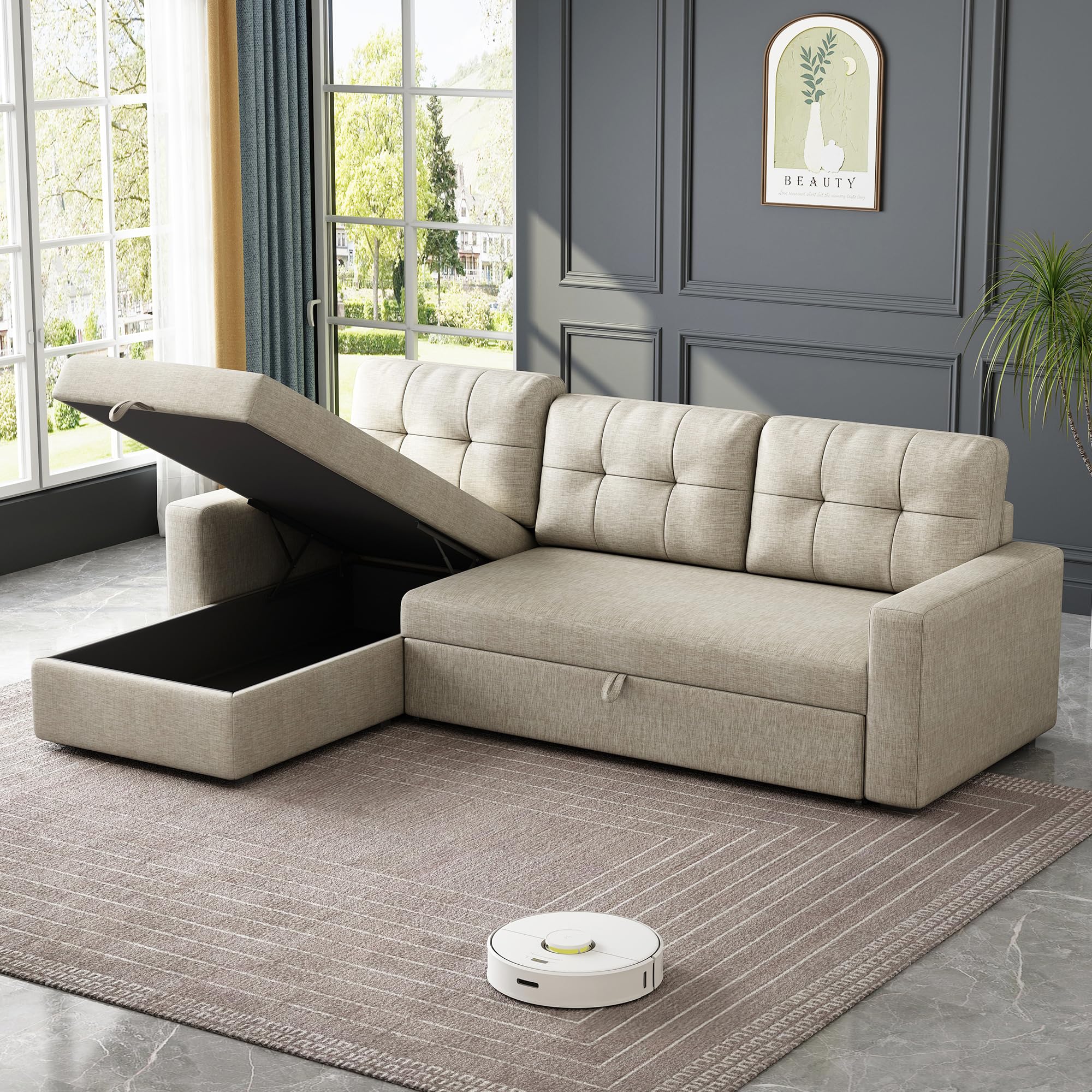 Ball & Cast 81.5" Convertible Sectional Sleeper Sofa, L-Shaped Upholstered Pull Out Couch Bed with Storage Recliner & Removable Back Cushions, Beige