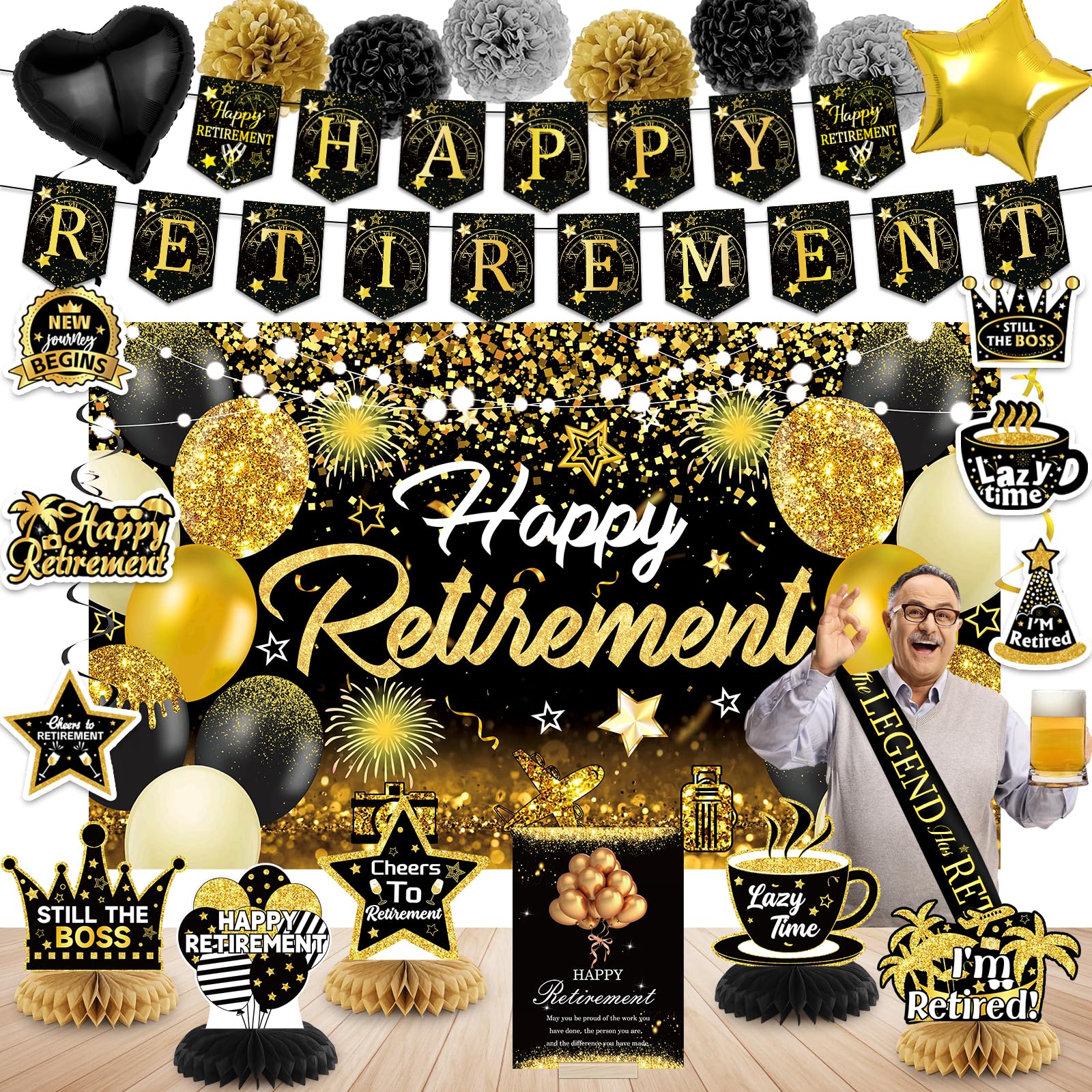 Happy Retirement Party Decorations for Men Women Black and Gold Retirement Party Decorations Happy Retirement Banner Backdrop Card Retirement Sash Hanging Swirls Foil Balloons Honeycomb Centerpieces