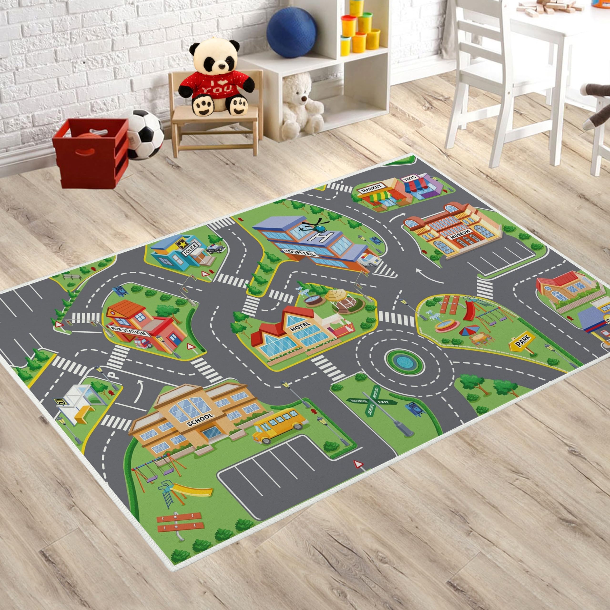 EVSOFMLF Road Play Map City Car Vehicle Traffic Educational Learning & Fun Game Area Non Slip Boy & Girl Kids Rug Carpet for Children Bedroom, Toddler Classroom & Baby Playroom Mat(Traffic 39*60 inch)