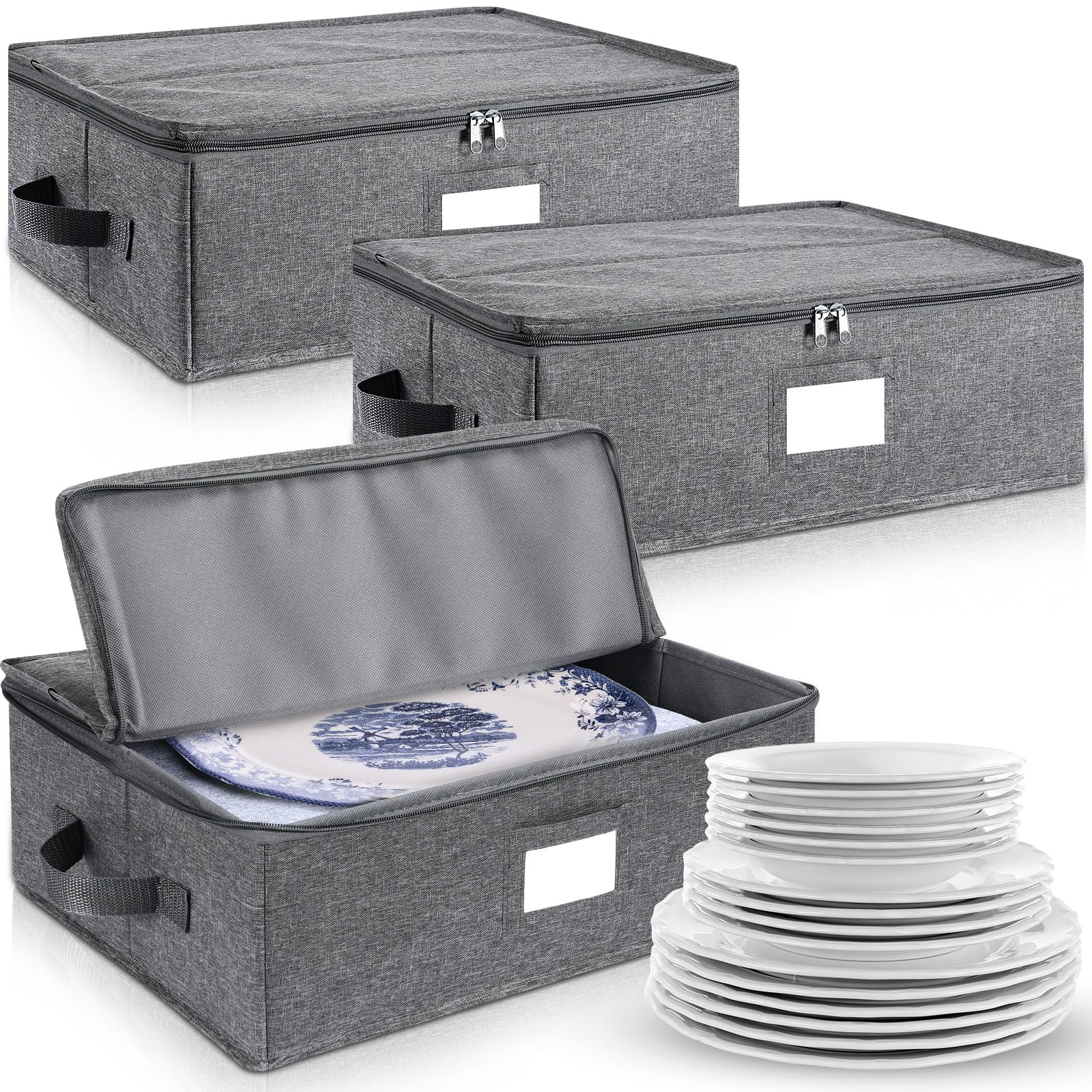 Norme 3 Pcs Platter Storage Case China Storage Container Stackable China Storage Boxes Hard Shell Case Moving Supplies, 17x13x 6 in, 15 Felt Dividers Included, Structured Top, Gray