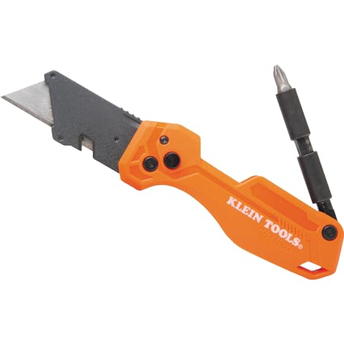 Klein Tools 44304 Folding FLICKBLADE Utility Knife, Compact, Removable Impact Driver, 1/4-Inch Nut Driver and 2 Phillips Bit