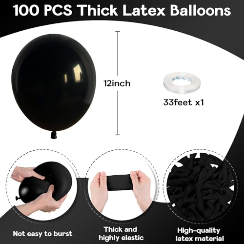 Jobkoo Black Balloons 12 Inch, 100 Pack Black Balloon Matte Black Latex Balloons for Arch Black Party Helium Balloons for Birthday Wedding Baby Shower Halloween New Year Graduation Party Decorations