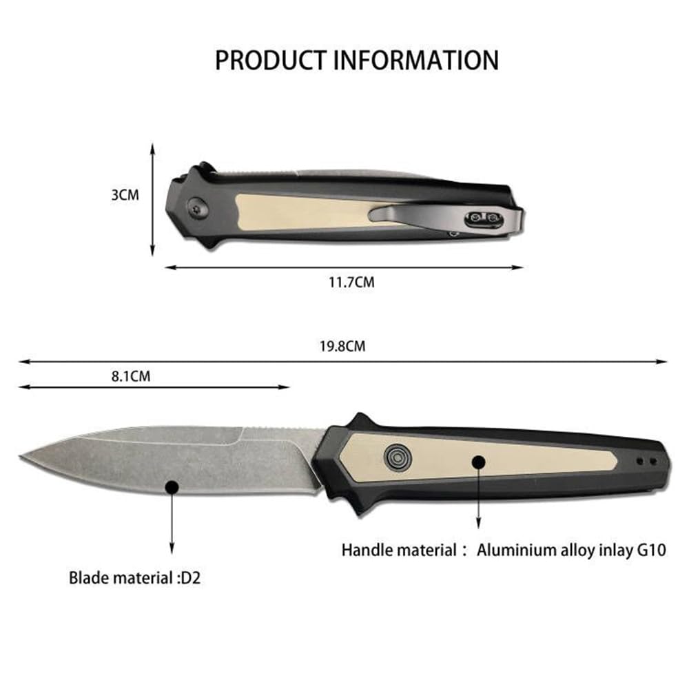 7.8in Assisted Open Button Lock Pocket Knife, Folding Knife,D2 Blade Aluminium Alloy Handle, Utility EDC Tool for Men Women Gift (Black handle)