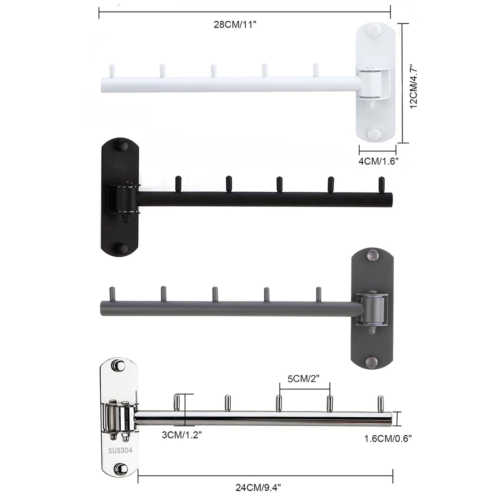 Zivisk 2 Pcs Folding Wall Mounted Clothes Hanger Rack with Swing Arm Stainless Steel Heavy Duty Coat Hook for Bathroom, Bedroom, Laundry Room - Gray